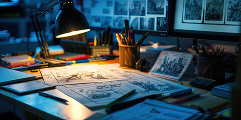 Close-up of a graphic novelist's desk with storyboard sketches and digital illustration tools, showcasing a job in graphic novel creation