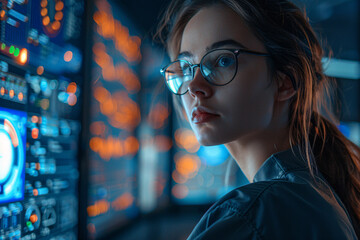A young female data analyst and IT-specialist standing in a server room - 799130829