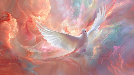 Whispers of Pastel: A dove in flight amidst a whimsical, color-swirled sky.