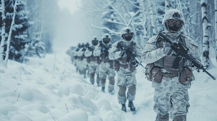 Special forces on winter mission, under the snow, arctic squad of armed northern soldiers