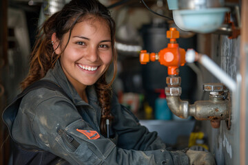 Portrait of a smiling female plumber with brunette hair while working - 799131226