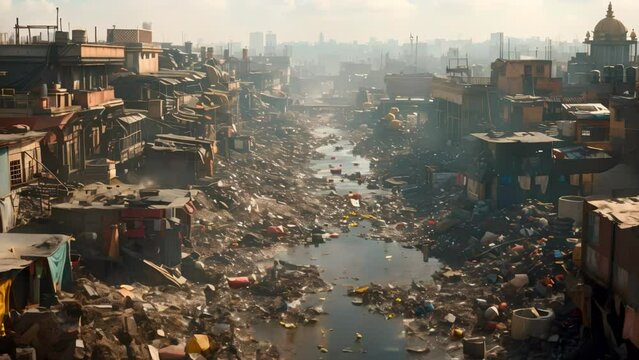 Hyperrealistic urban scene with slums and landfill in futuristic setting 16k render. Concept Futuristic Urban Landscape, Hyperrealistic Slums, 16K Render, Landfill Environment