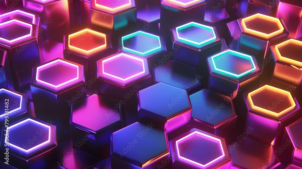 Wall mural blue hexagon abstract: futuristic geometric pattern with light and texture