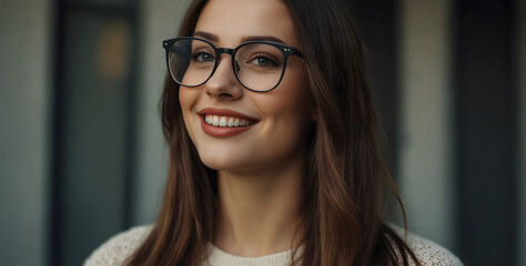 A beautiful brunette girl in modern glasses, smiling. Sale and manufacture of glasses.