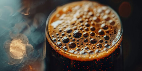 Close up of foamy glass of beer with bubbles and dark amber liquid, refreshing alcoholic beverage
