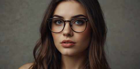 A beautiful brunette girl in modern glasses, smiling. Sale and manufacture of glasses.