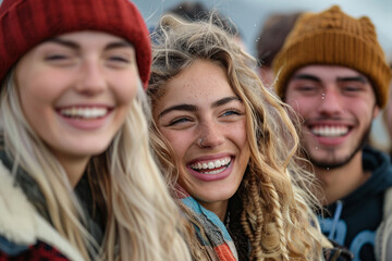 A blond woman laughing with her group of friends, joyful expression  - 799131805
