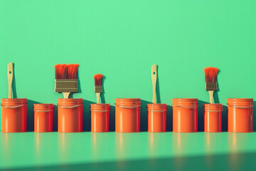 Row of orange paint cans with paintbrushes on green background for creative art projects