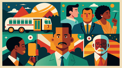A montage of key moments from the civil rights movement with emphasis on the bravery and determination of the Freedom Riders.. Vector illustration