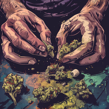 HANDS BUSTING CANNABIS BUDS