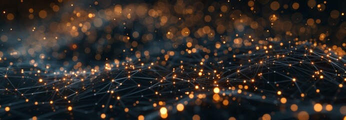 A network of glowing nodes spreading out across a dark background, resembling a constellation, visualizing the decentralized structure of blockchain 