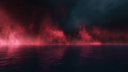 A panoramic abstract landscape with a crimson fog rolling across a vast black expanse, reminiscent of a mysterious swamp at night  