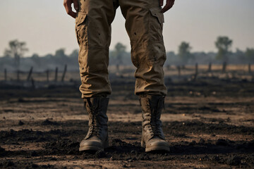 A soldier's boots are standing on the scorched earth after military operations.