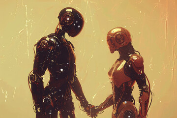 Two robots holding hands, AI emotion learning concept - 799132097