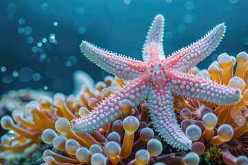  A pink starfish with white dots, surrounded by anemones in the ocean. Created with Ai
