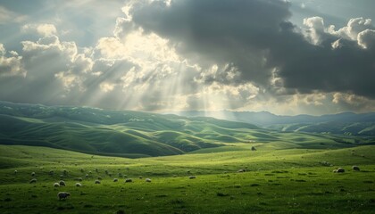 A panoramic landscape of rolling green hills dotted with sheep grazing under a cloudy sky with shafts of sunlight breaking through 