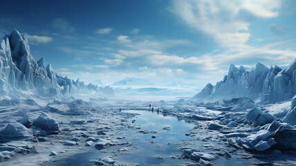 A mesmerizing frozen landscape with a river winding through icy formations and majestic snow-capped mountains in the distance