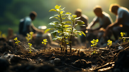 A heartwarming sight of individuals working together to plant a tree in the forest