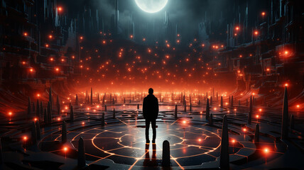 A man amidst the shadows, gazing at the futuristic city lights