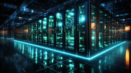 A mesmerizing sight of network servers with glowing LED lights