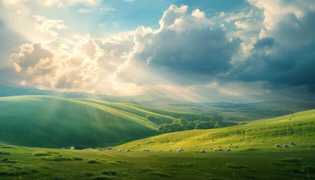 A panoramic landscape of rolling green hills dotted with sheep grazing under a cloudy sky with shafts of sunlight breaking through 