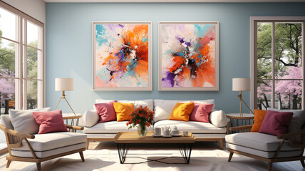 A cozy living room adorned with two large paintings on the wall. ️️