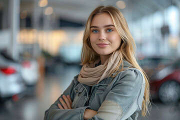 Portrait of a young blond female saleswoman in a car dealership - 799132473