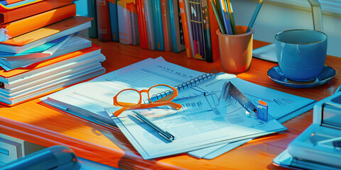 Close-up of a technical writer's desk with style guides and technical manuals, symbolizing a job in technical writing