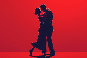 Silhouettes of a couple dancing tango in front of a vibrant red background