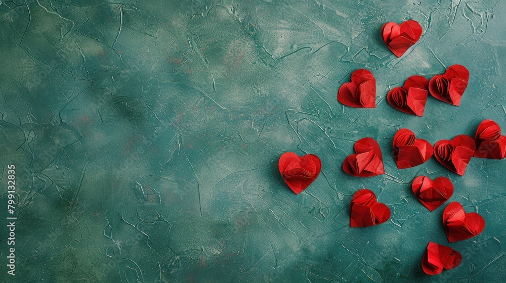 Poster a green background with a bunch of red hearts scattered across it. the hearts are cut out of paper a