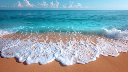 Beach with golden sand and waves at seashore. Blue ocean and golden sand.