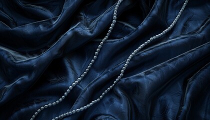 Fototapeta premium A photorealistic close up of deep navy blue velvet fabric, plush and wrinkle free, with a single diamond necklace draped across it