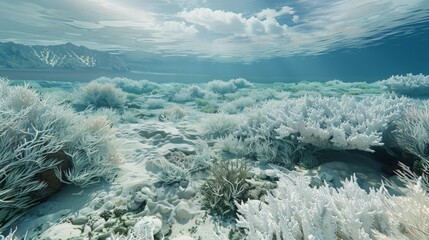 A photorealistic depiction of a mass coral bleaching event, with once vibrant coral reefs turned stark white  - obrazy, fototapety, plakaty