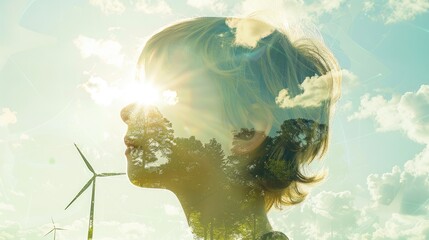 Double exposure Portrait of a hopeful boy with wind turbine for green energy and CO2 emission reduction