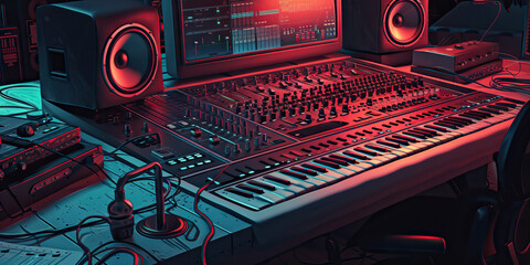 Close-up of a music producer's desk with mixing consoles and recording equipment, symbolizing a job in music production