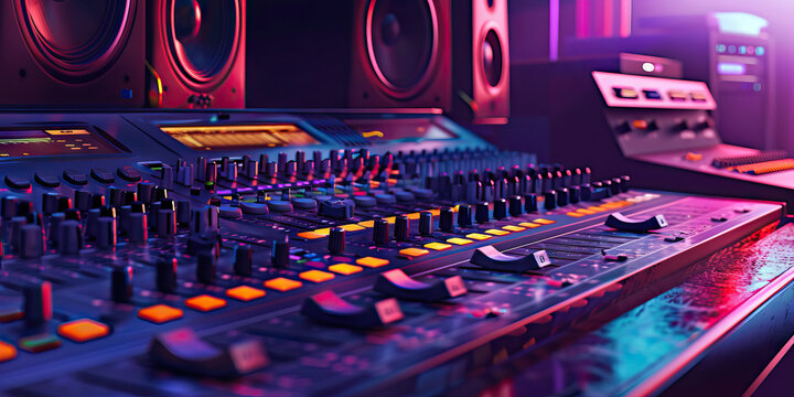 Close-up of a music producer's desk with mixing consoles and recording equipment, symbolizing a job in music production