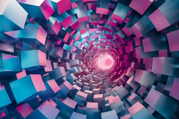 A playful abstract artwork with a vibrant palette of sky blue, magenta, and crimson, arranged in a kaleidoscope of overlapping circles and squares  