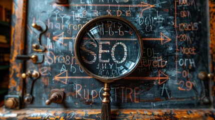 An SEO ranking concept, magnifying glass with arrows pointing to the alphabets abbreviation SEO at the center of a cement wall chalkboard. - obrazy, fototapety, plakaty