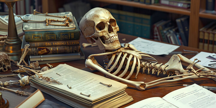 Close-up of a forensic anthropologist's desk with skeletal remains and forensic anthropology textbooks, representing a job in forensic anthropology