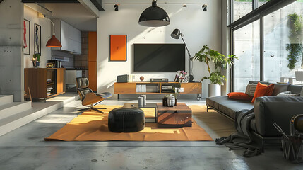 urban family room with concrete flooring featuring a gray couch, wood table, and orange pillows a g