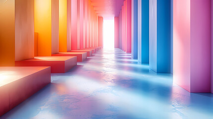 A vibrant and long corridor illuminated by a gradient of colorful lights, blending pink, orange, and blue hues in a modern setting.
