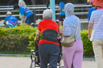 A maid supports an elderly person pushing a wheelchair
