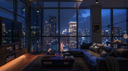 cozy apartment living room at night, dime lights, city view, 16:9