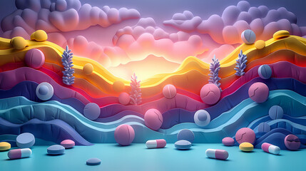 A surreal landscape with medicinal pills and capsules strewn across colorful wavy terrain under a vibrant sunrise sky.
