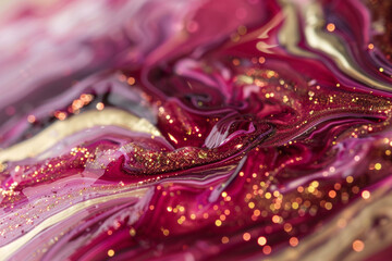 Opulent ruby marble ink swirls enchantingly over a vibrant abstract scene, shimmering with sparkling glitters, exuding luxury and allure.