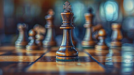 Close-up of wooden chess pieces strategically placed on a classic chessboard, capturing the essence of the strategic game.