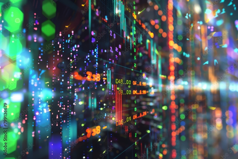 Poster a stock exchange ticker tape displaying a surge in cryptocurrency value, with the blockchain logo in