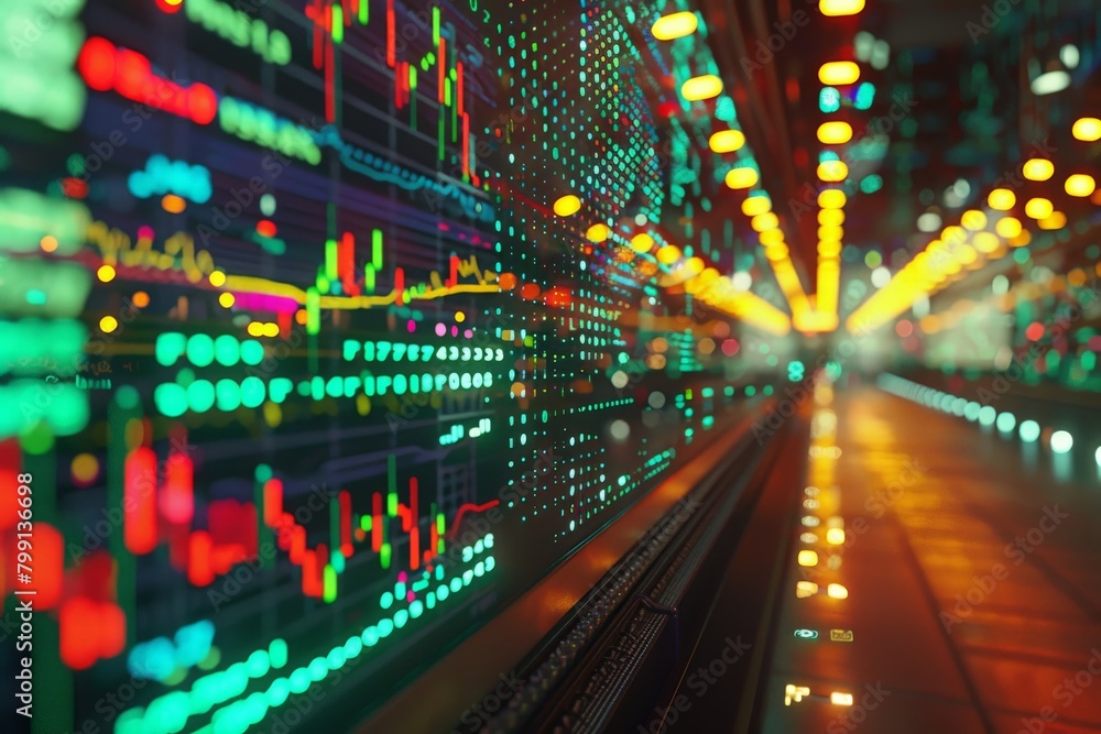 Poster a stock exchange ticker tape displaying a surge in cryptocurrency value, with the blockchain logo in