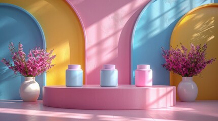 3D cylinder pedestal podium with pastel yellow, blue, and pink backdrop. Abstract modern rendering geometric platform. Product display presentation.