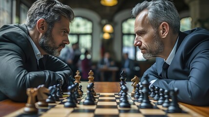 Two chess players locked in an intense gaze, strategizing over the chessboard in a serious competitive match.